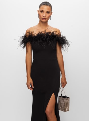 BA Nites - Feather Off-the-Shoulder Dress, Black
