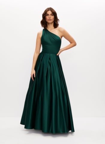 One-Shoulder Satin Ball Gown, Jade