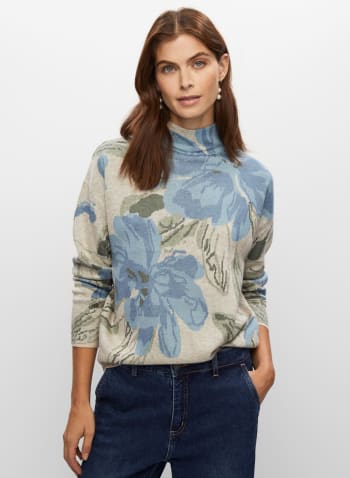 Floral Funnel Neck Sweater, Blue Pattern
