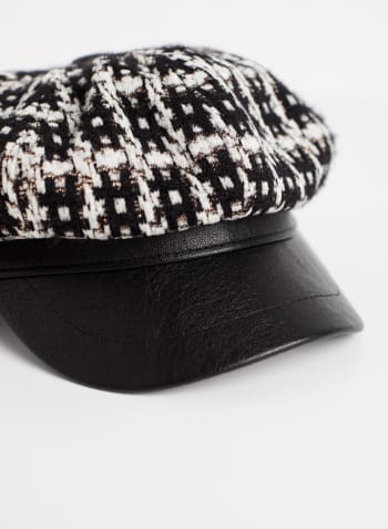 Chapeau en tweed à visière en faux cuir, Noir