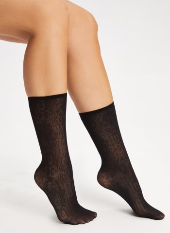 Mura - Embroidered Lace Anklet Socks, Black
