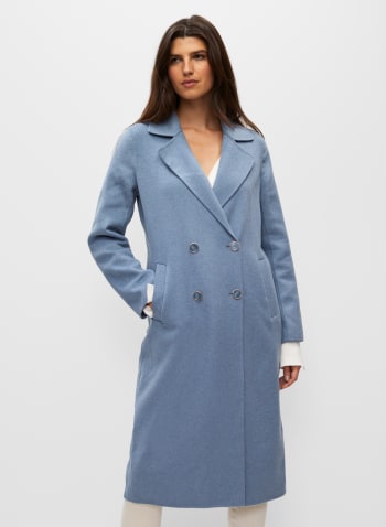 Double-Breasted Wool Long Coat, Powder Blue