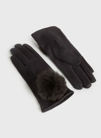 Faux Suede Pompom Gloves, Charcoal
