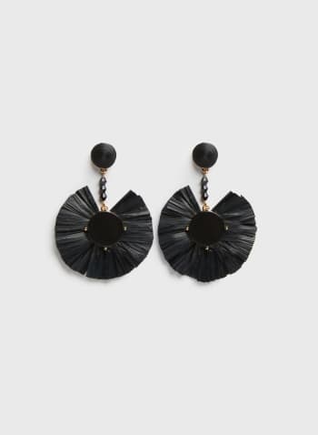 Raffia Fringe Pendant Earrings, Black