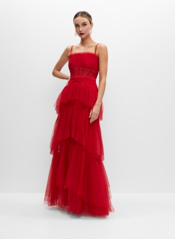 Tiered Mesh Corset Gown, Red