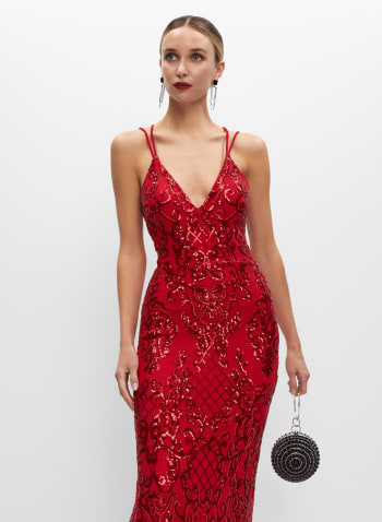 Sequin Strap Detail Gown, Red