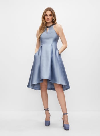Jewel Detail High Low Satin Dress, Royal Blue