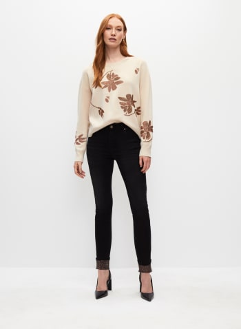 Sequin Floral Motif Crewneck Sweater, Brown