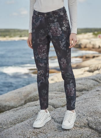 Floral Print Slim Leg Jeans, Black Pattern
