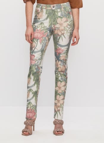 Floral Print Slim Leg Jeans, Green Pattern