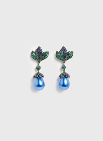 Pearl & Leaf Dangle Earrings, Blue Pattern