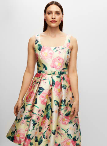 Floral Print Belted Dress, Yellow