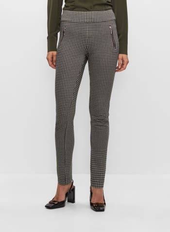 Pull-On Houndstooth Print Pants, Green Pattern