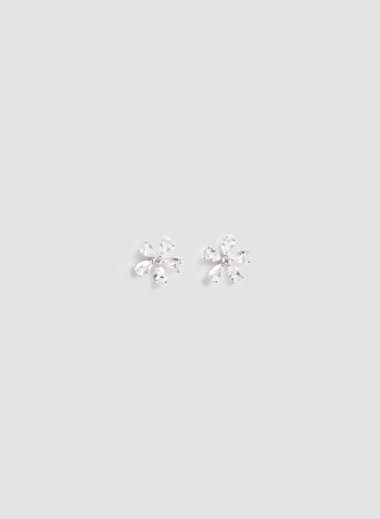 Crystal Flower Earrings, Silver