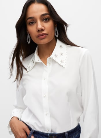 Pearl Embellished Button-Up Shirt, Off White