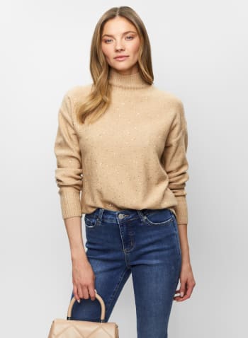Sequin Mock Neck Sweater, Camello