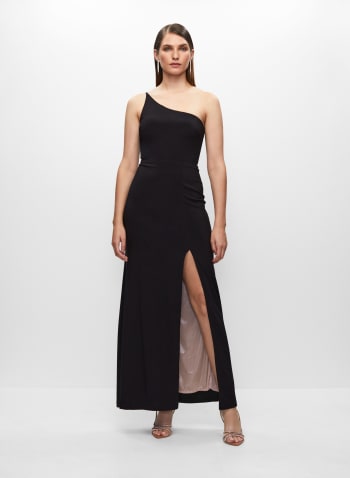 One-Shoulder Slit Dress, Black
