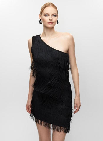 One-Shoulder Tiered Fringe Dress, Black