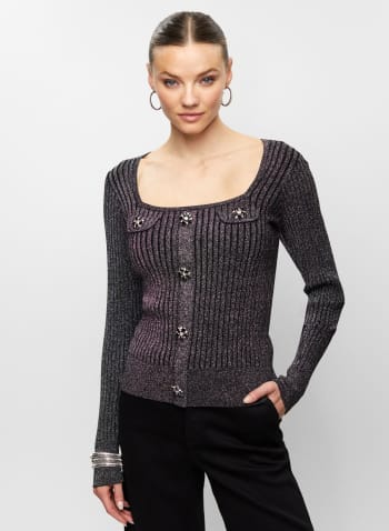 Jewel Button Metallic Sweater, Black Pattern