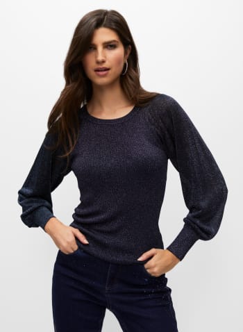 Metallic Puff Sleeve Sweater, Blue
