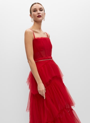 Tiered Mesh Corset Gown, Red