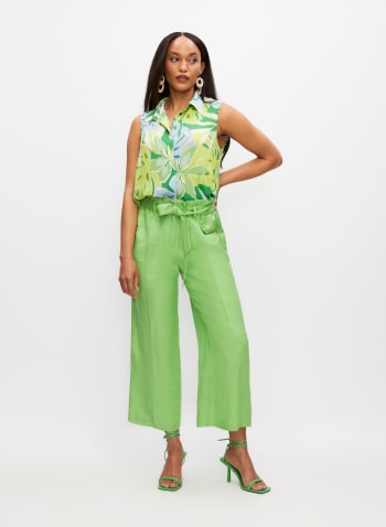 Linen-Blend Paperbag Culotte Pants, Light Green