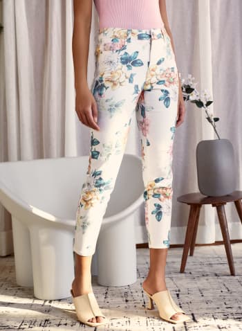 Floral Print Slim Leg Jeans, Pink