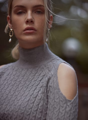 Cold Shoulder Cable Knit Sweater, Silver Mist Mix