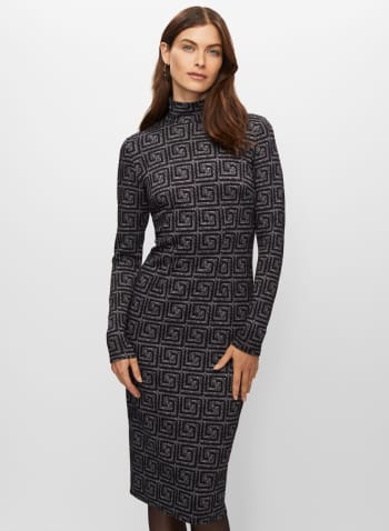Geometric Jacquard Knit Midi Dress, Grey Pattern