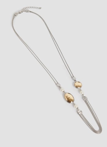 Collier long à pierres, perles et cristaux, Blanc perle