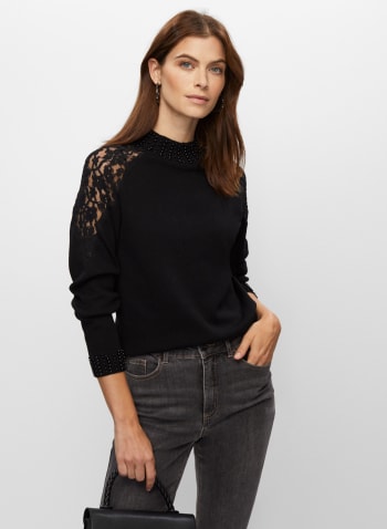 Mesh & Pearl Detail Sweater, Black