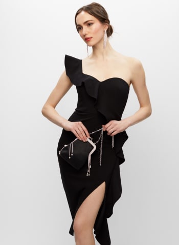 One-Shoulder Ruffle Dress, Black