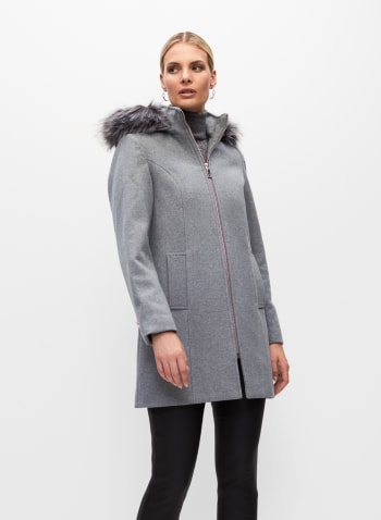 Hooded Wool Blend Coat, Grey