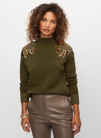 Sequin Motif Sweater, Dark Olive