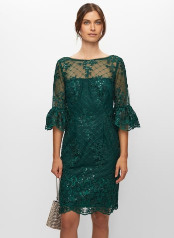 Adrianna Papell - Embroidered Lace Ruffle Sleeve Dress, Dark Pine