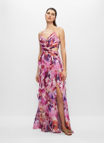 BA Nites - Floral Print Cutout Dress, Peach Pink