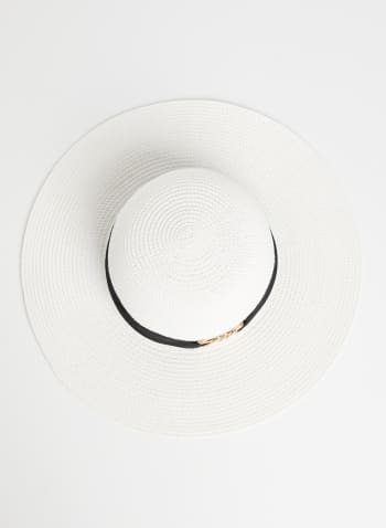 Ribbon & Chain Detail Straw Hat, White