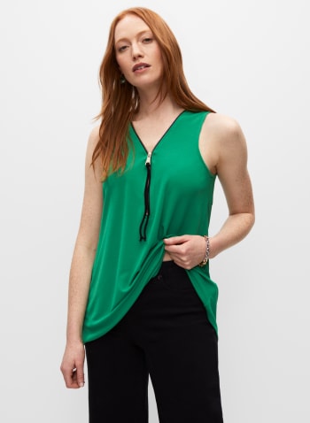 Contrast Zip V-Neck Top, Green