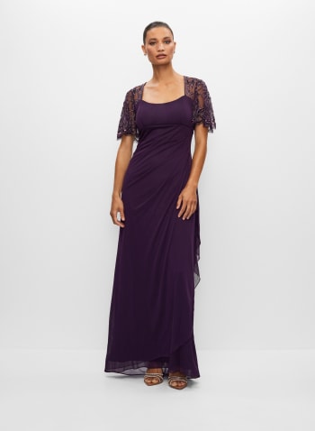 Beaded Sleeve Chiffon Dress, Fuschia Purple