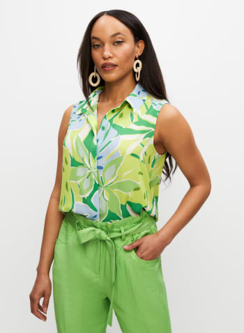 Palm Leaf Print Sleeveless Blouse, Green Pattern