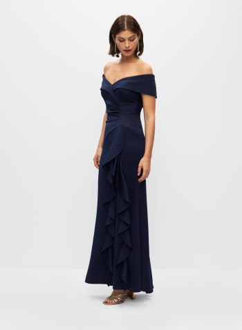 Off The Shoulder Ruffle Gown, Heather Blue