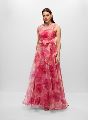 Floral Illusion Neck Organza Dress, Pink Grapefruit