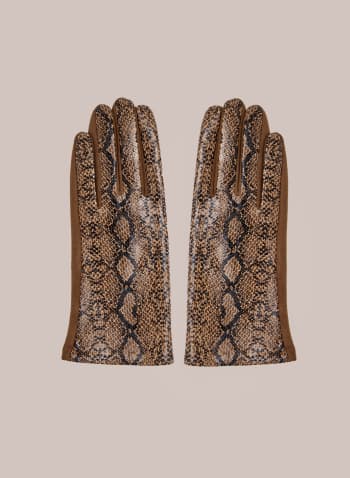 Snake Print Faux Suede Gloves, Brown