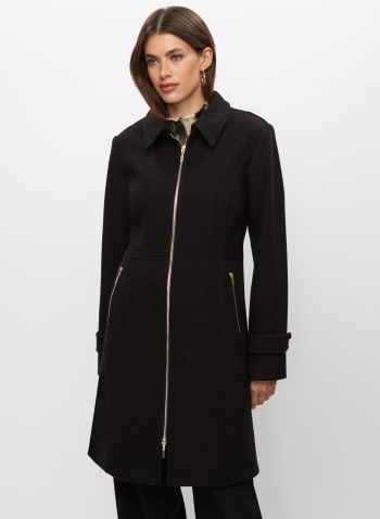 Zip Front Wool Blend Coat, Black