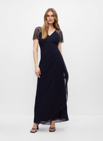 BA Nites - Beaded Sheer Sleeve Gown, Heather Blue