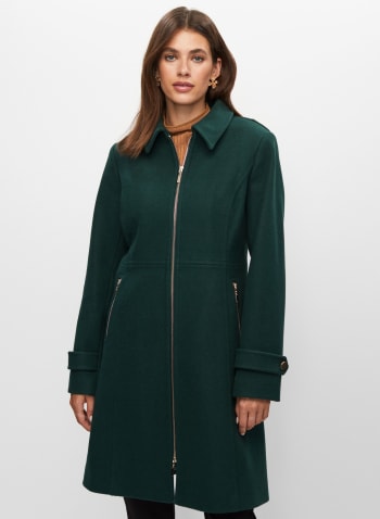 Zip Front Wool Blend Coat, Evergreen