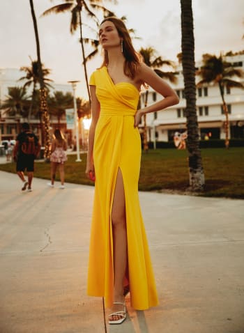 One Shoulder High Slit Gown, Yellow