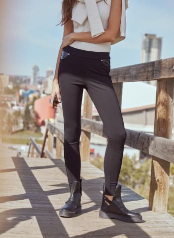 Leggings With Faux Leather Details, Black