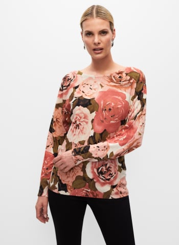 Rhinestone Detail Rose Print Sweater, Black