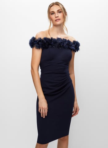 Off-the-Shoulder Rosette Dress, Heather Blue